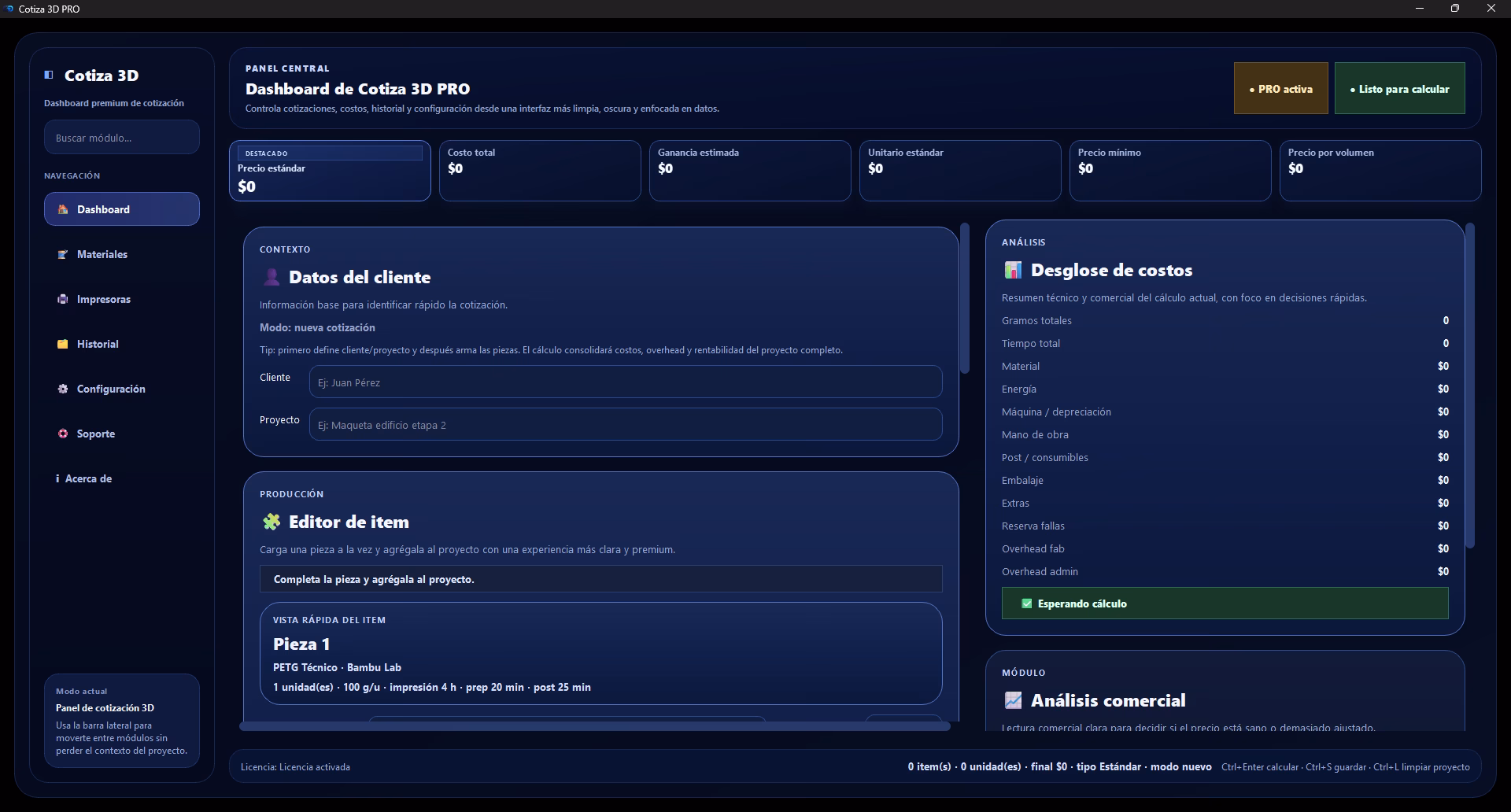 Dashboard principal de Cotiza 3D PRO