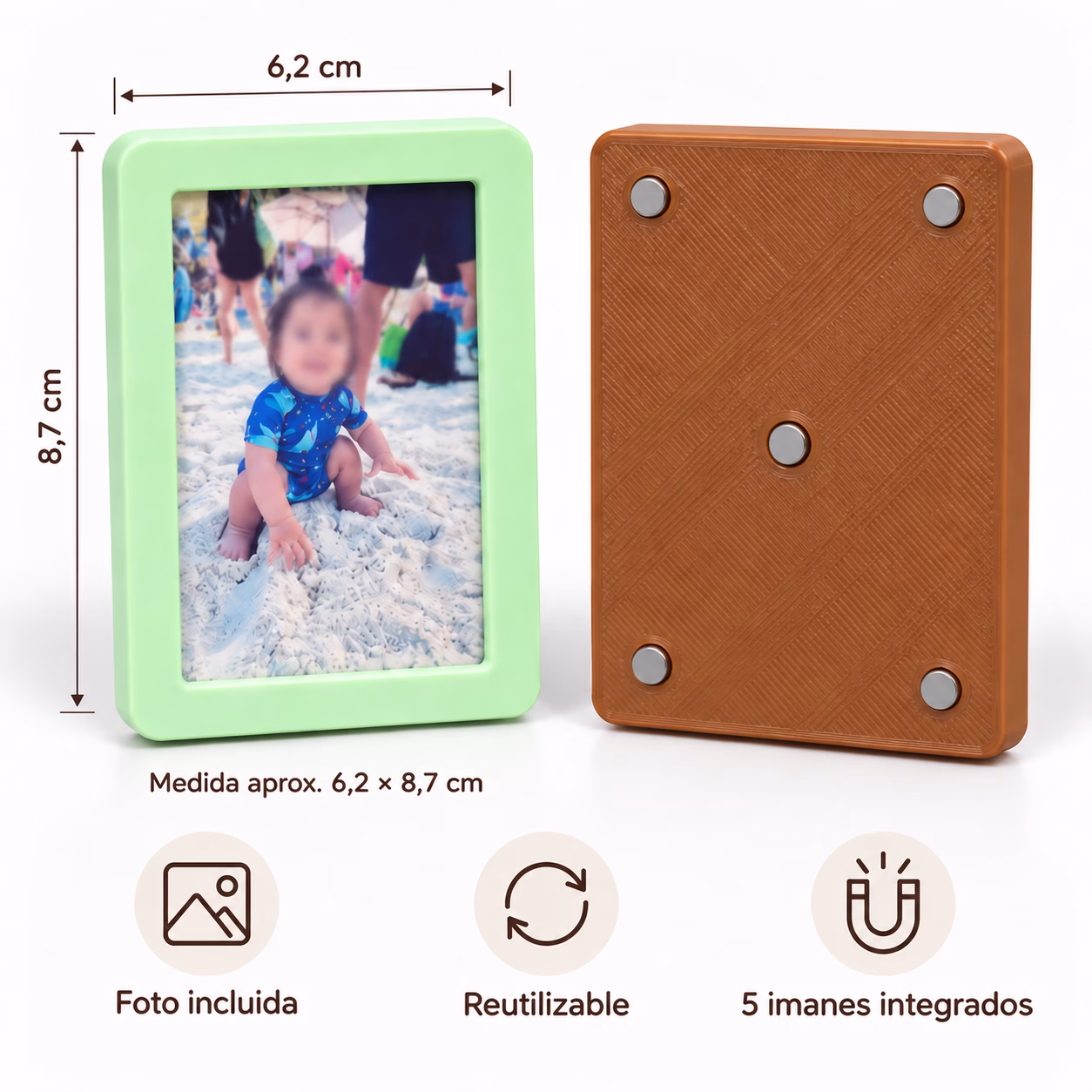 Vista trasera porta fotos magnético con 5 imanes